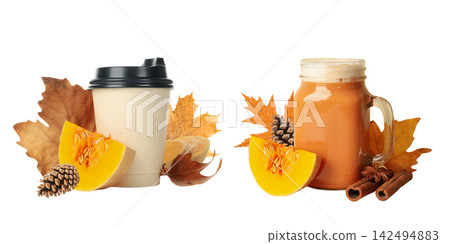 Delicious pumpkin slices and warm drinks create a cozy autumn scene, PNG 142494883