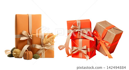 Presents in warm autumn hues are arranged with decorative accents, PNG Presents in warm autumn hues are arranged with decorative accents, PNG 142494884