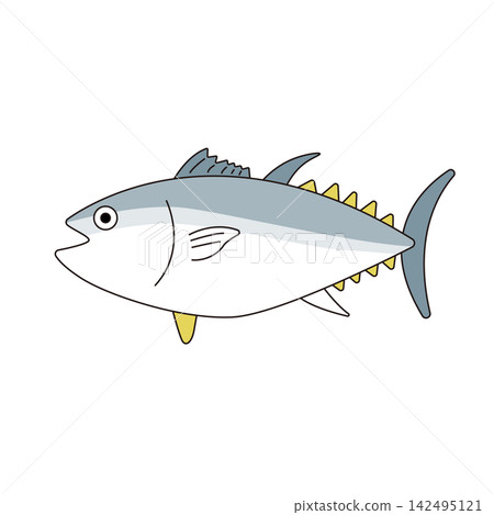 圖片顯示的是一條藍色的鮪魚在遊動，以及新鮮的海魚。 142495121