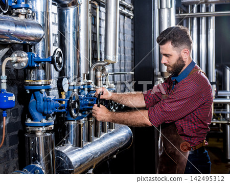 Young male brewer in leather apron supervising the process of beer fermentation at modern brewery factory Young male brewer in leather apron supervising the process of beer fermentation at modern brewery factory 142495312