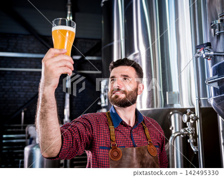 Young brewer wearing a leather apron is testing beer at a modern brewery Young brewer wearing a leather apron is testing beer at a modern brewery 142495330