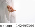 Jesus Christ reaching out a hand with the marks of the cross, Easter background 142495399