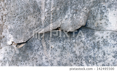 Rough gray concrete wall with deep horizontal cracks. Rough gray concrete wall with deep horizontal cracks. 142495500