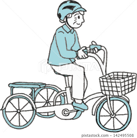 A two-color illustration of a senior woman wearing a bicycle helmet and riding an adult tricycle. A two-color illustration of a senior woman wearing a bicycle helmet and riding an adult tricycle. 142495508