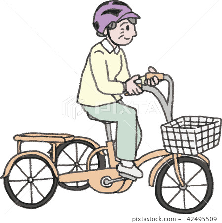 一幅全彩插圖，描繪了一位戴著自行車頭盔、騎著成人三輪車的老婦人。 142495509