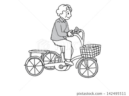 `Illustration of a grandmother riding an adult tricycle; black and white, monochrome, line drawing; a means of transportation for seniors.` `Illustration of a grandmother riding an adult tricycle; black and white, monochrome, line drawing; a means of transportation for seniors.` 142495511
