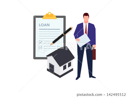 businessman holding paper standing next to home loan application document businessman holding paper standing next to home loan application document 142495512