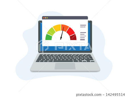 laptop displaying website speed test gauge performance meter icon laptop displaying website speed test gauge performance meter icon 142495514