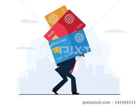 man carrying heavy stack of credit cards on his back due to money debt man carrying heavy stack of credit cards on his back due to money debt 142495515