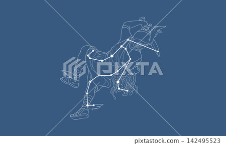 A line drawing illustration of the constellation Perseus against a navy blue background (the constellation image and constellation lines are shown in white). A line drawing illustration of the constellation Perseus against a navy blue background (the constellation image and constellation lines are shown in white). 142495523