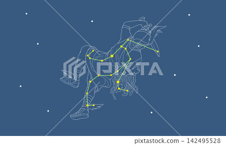 一幅彩色線條畫,描繪了漂浮在星空中的英仙座(星座圖像和星座線條)。 一幅彩色線條畫,描繪了漂浮在星空中的英仙座(星座圖像和星座線條)。 142495528