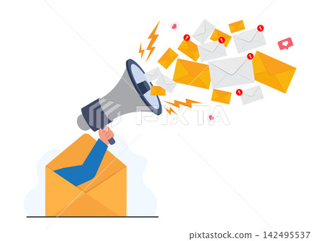 hand holding megaphone sending bulk email messages and notifications hand holding megaphone sending bulk email messages and notifications 142495537