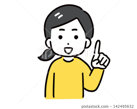 A young woman with a simple face and casual clothes is smiling and introducing something while holding up her index finger. A young woman with a simple face and casual clothes is smiling and introducing something while holding up her index finger. 142495632