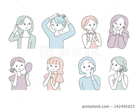 一組與年輕女性美麗相關的姿勢。 一組與年輕女性美麗相關的姿勢。 142495823