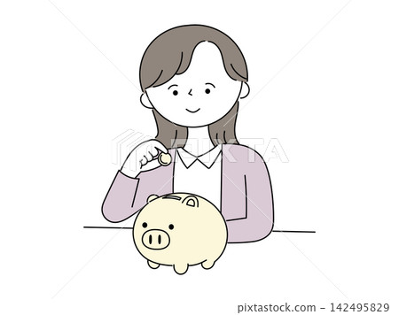 A woman who puts money in a piggy bank A woman who puts money in a piggy bank 142495829