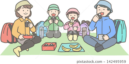 A family eating lunch while hiking/mountain climbing. A family eating lunch while hiking/mountain climbing. 142495959