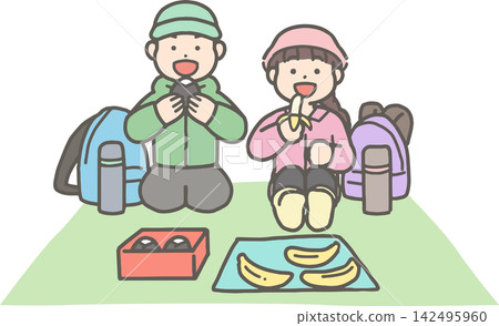 A boy and a girl eating lunch while hiking. A boy and a girl eating lunch while hiking. 142495960