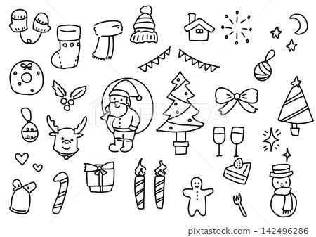 Hand-drawn Christmas illustration: Cute Santa, Christmas tree, reindeer, black and white vector illustration. Hand-drawn Christmas illustration: Cute Santa, Christmas tree, reindeer, black and white vector illustration. 142496286
