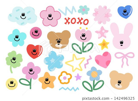 Vector illustrations of cute elements such as flowers, grumpy teddy bear, bunny, ribbon, abstract doodles, cloud for cartoon, nature, garden, spring, summer vibes, picnic, stickers, icon, floral Vector illustrations of cute elements such as flowers, grumpy teddy bear, bunny, ribbon, abstract doodles, cloud for cartoon, nature, garden, spring, summer vibes, picnic, stickers, icon, floral 142496325