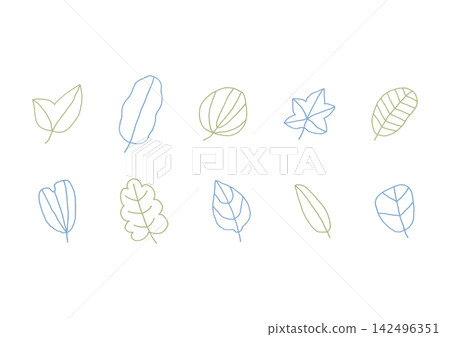 A set of natural line art illustrations of various leaf shapes (blue and green) A set of natural line art illustrations of various leaf shapes (blue and green) 142496351