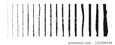 Thin torn paper pieces set. Black long vertical ripped paper strips with jagged edges. Rough grunge textured stripe elements collection for poster, divider, header. Vector shredded sheet line bundle Thin torn paper pieces set. Black long vertical ripped paper strips with jagged edges. Rough grunge textured stripe elements collection for poster, divider, header. Vector shredded sheet line bundle 142496436