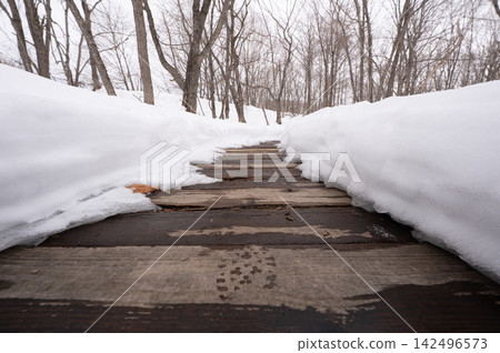 A wooden boardwalk leading into a snow-covered forest, and footprints left behind. A wooden boardwalk leading into a snow-covered forest, and footprints left behind. 142496573