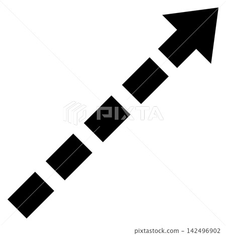 A dashed arrow pointing upwards to the right; a vector icon representing a route or path. A dashed arrow pointing upwards to the right; a vector icon representing a route or path. 142496902