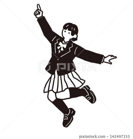 Line drawing illustration of a female student pointing and jumping. Line drawing illustration of a female student pointing and jumping. 142497153