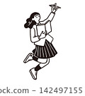 一幅線條畫插圖，描繪了一名女學生手拿一本書，舉起一支筆。 142497155