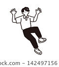 一幅簡單的線條畫，描繪了一名男學生張開雙臂跳躍的場景。 142497156