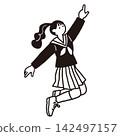 線條畫插圖，描繪了一名身穿水手服的女學生指著東西跳躍的場景。 142497157