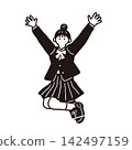 一幅線條畫插圖，描繪了一名女學生舉起雙手擺出勝利姿勢。 142497159
