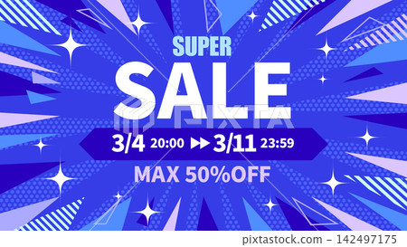 Customizable blue sale announcement banner with focus lines, sunburst effect, and glitter. Includes sale period and discount percentage. Customizable blue sale announcement banner with focus lines, sunburst effect, and glitter. Includes sale period and discount percentage. 142497175