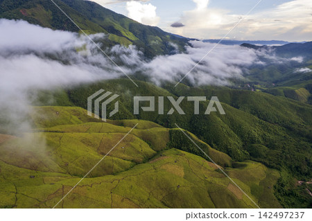 Landscape of Morning Mist with Mountain Layer. mountain ridge and clouds in rural jungle bush forest Landscape of Morning Mist with Mountain Layer. mountain ridge and clouds in rural jungle bush forest 142497237