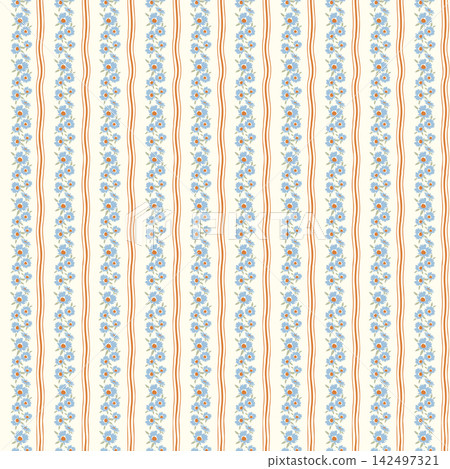 Blue floral seamless pattern background with vertical small flower stripes vector illustration for baby shower, vintage fabric design, wrapping paper, wallpaper, textile and greeting cards Blue floral seamless pattern background with vertical small flower stripes vector illustration for baby shower, vintage fabric design, wrapping paper, wallpaper, textile and greeting cards 142497321