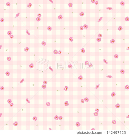 Cute pink floral seamless pattern background with tiny daisy flowers on plaid gingham grid vector illustration for baby shower, pastel fabric design, wrapping paper, wallpaper, textile and cards Cute pink floral seamless pattern background with tiny daisy flowers on plaid gingham grid vector illustration for baby shower, pastel fabric design, wrapping paper, wallpaper, textile and cards 142497323