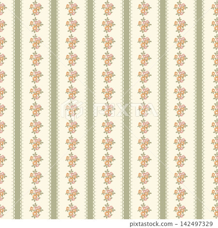 Yellow floral seamless pattern background with vertical flower stripes and lace vector illustration for baby shower, pastel fabric design, wrapping paper, wallpaper, textile and greeting cards 142497329