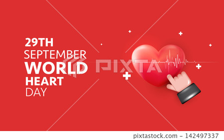 World Heart Day banner vector background with red 3D heart shape, hand touching heartbeat pulse line for 29th September cardiovascular health awareness, cardiology medical care campaign promo design World Heart Day banner vector background with red 3D heart shape, hand touching heartbeat pulse line for 29th September cardiovascular health awareness, cardiology medical care campaign promo design 142497337