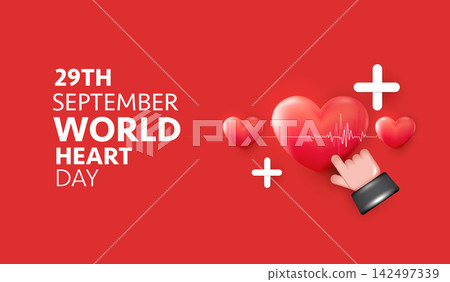 World Heart Day banner vector background with red 3D hearts, hand touching heartbeat pulse line for 29th September cardiovascular health awareness, cardiology medical care campaign promo design World Heart Day banner vector background with red 3D hearts, hand touching heartbeat pulse line for 29th September cardiovascular health awareness, cardiology medical care campaign promo design 142497339