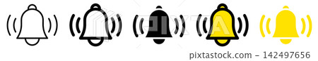 A set of bell vector icons, reminiscent of alerts and notifications. Simple, thick outline, yellow fill. 142497656