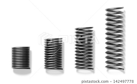 3D set of black metal coil springs of various tension shapes. Straight helical springs showing mechanical flexibility for automotive suspensions, industrial equipment and mattresses. 3D illustration 3D set of black metal coil springs of various tension shapes. Straight helical springs showing mechanical flexibility for automotive suspensions, industrial equipment and mattresses. 3D illustration 142497778