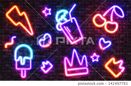 Neon signs set on brick wall background. Tropical cocktail, cherry, lightning, ice cream, heart, crown and stars for bar, casino, night club. Retro 80s glowing party aesthetic banner. 3D illustration Neon signs set on brick wall background. Tropical cocktail, cherry, lightning, ice cream, heart, crown and stars for bar, casino, night club. Retro 80s glowing party aesthetic banner. 3D illustration 142497781