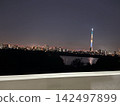 The illuminated Tokyo Skytree and the Tokyo night view (waterfront and expansive night sky) 142497899