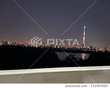 燈光璀璨的東京晴空塔和東京夜景（海濱和廣闊的夜空） 142497899