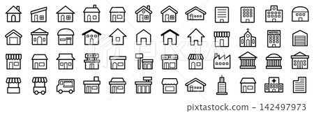 A set of 48 line art vector icons for houses, buildings, shops, and facilities: My home, building, shop, convenience store A set of 48 line art vector icons for houses, buildings, shops, and facilities: My home, building, shop, convenience store 142497973