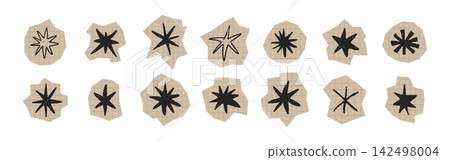Crayon star icon set. Chalk pencil stars sparkle. Children drawing doodles. Hand cut vector shapes. Scrapbook collage elements. Handmade sticker on checkered notebook sheets 142498004