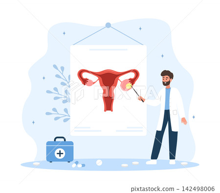 Ovarian cyst concept. Male doctor exam reproductive system. Vector illustration in flat style 142498006