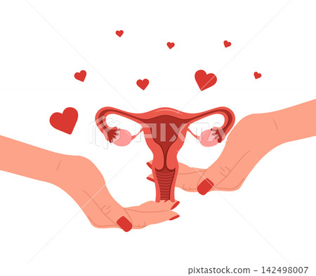 Uterus transplantation. Recycle and renovation organ. Female hand donation human Uterus. Vector illustration in flat style Uterus transplantation. Recycle and renovation organ. Female hand donation human Uterus. Vector illustration in flat style 142498007
