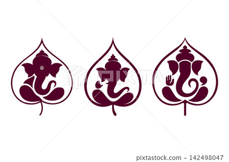 Lord Ganesha flat silhouette inside bodhi leaf Lord Ganesha flat silhouette inside bodhi leaf 142498047