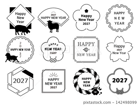 2027 年(羊年,令和 9 年)新年賀卡字體設計,英文版。 2027 年(羊年,令和 9 年)新年賀卡字體設計,英文版。 142498099
